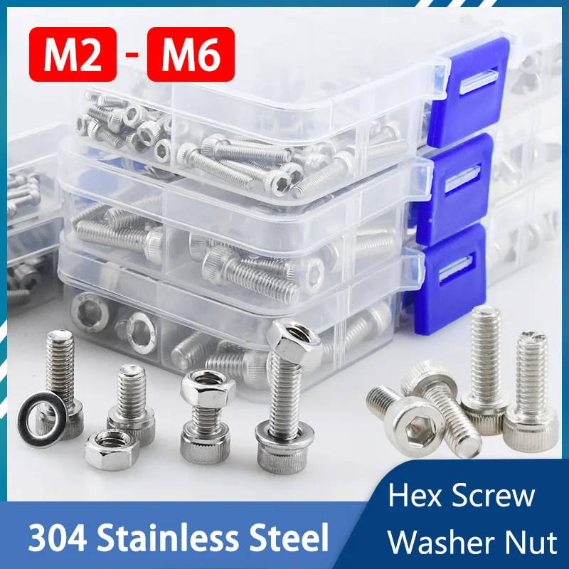 Nuts Mix - M2 M3 M4 M5 M6 304ステンレス鋼六角穴付きボルト、ナット、ワッシャーキット